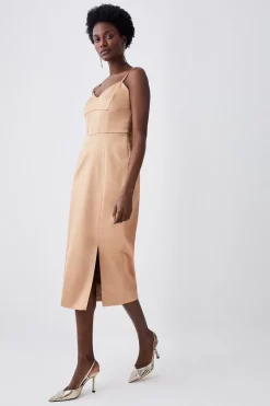 New ⌛ Karen Millen Italian Structured Satin Corset Detail Pencil Midi 👗 Dress ✔️ -Occasionwear Popular Store womens camel italian structured satin corset detail pencil midi dress