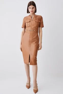 Cheapest 😀 Karen Millen Leather Short Sleeve Snaffle Trim Pencil Midi 👗 Dress ⭐ -Occasionwear Popular Store womens camel leather short sleeve snaffle trim pencil midi dress