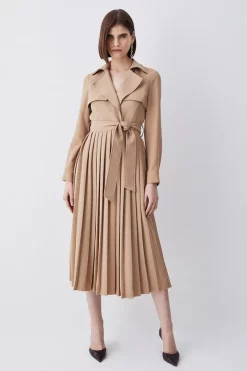 Hot Sale 🌟 Karen Millen Long Sleeve Woven Pleated Midi Trench 👗 Dress 😍 15 Hot Sale 🌟 Karen Millen Long Sleeve Woven Pleated Midi Trench 👗 Dress 😍 -Occasionwear Popular Store womens camel long sleeve woven pleated midi trench dress