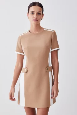 Deals 👏 Karen Millen Petite Compact Stretch Tipped A Line Mini 👗 Dress - camel 💯 -Occasionwear Popular Store womens camel petite compact stretch tipped a line mini dress