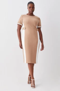 New 😍 Karen Millen Plus Size Compact Stretch Contrast Panel Midi Pencil 👗 Dress - camel 🔥 -Occasionwear Popular Store womens camel plus size compact stretch contrast panel midi pencil dress