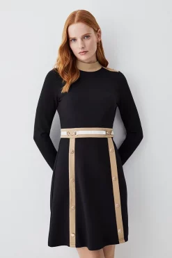 Best Pirce 🧨 Karen Millen Snaffle Trim Colour Block Ponte Funnel Neck Skater 👗 Dress 🌟 -Occasionwear Popular Store womens camel snaffle trim colour block ponte funnel neck skater dress