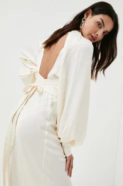 New 🤩 Karen Millen 🔨 Hammered Satin Tie Woven Maxi - champagne ⭐ -Occasionwear Popular Store womens champagne hammered satin tie woven maxi