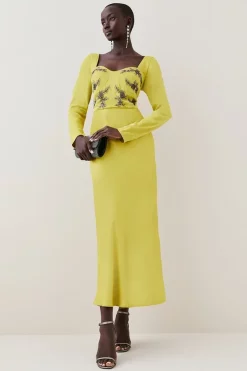 Best Pirce 😍 Karen Millen Satin Embellished Long Sleeve Midi 👗 Dress 🎉 -Occasionwear Popular Store womens charcoal satin embellished long sleeve midi dress 1