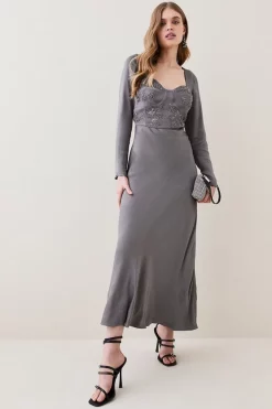 Best Pirce 😍 Karen Millen Satin Embellished Long Sleeve Midi 👗 Dress 🎉 -Occasionwear Popular Store womens charcoal satin embellished long sleeve midi dress