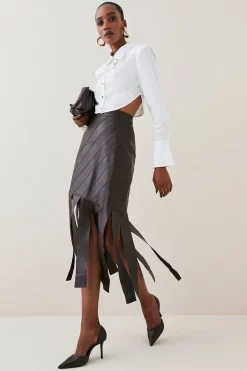 Top 10 🧨 Karen Millen Leather Diagonal Panel Tassel Hem Midi 👗 Skirt - chocolate 🥰 -Occasionwear Popular Store womens chocolate leather diagonal panel tassel hem midi skirt