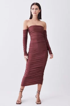 Top 10 🧨 Karen Millen Petite Gathered Slinky Bardot Maxi 👗 Dress - chocolate 🌟 -Occasionwear Popular Store womens chocolate petite gathered slinky bardot maxi dress