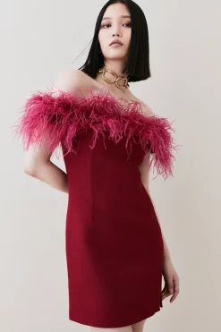 Best deal 🧨 Karen Millen Boucle Feather Bardot Mini 👗 Dress 🛒 -Occasionwear Popular Store womens cobalt boucle feather bardot mini dress 1 1