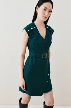 Discount 🥰 Karen Millen Compact Crepe Button Shoulder Mini 👗 Dress 👏 -Occasionwear Popular Store womens cobalt compact crepe button shoulder mini dress