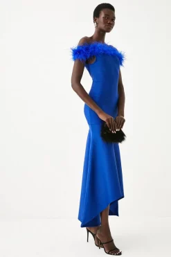 Best Sale 🎉 Karen Millen Feather Detail Bandage Bardot Maxi 👗 Dress ✨ -Occasionwear Popular Store womens cobalt feather detail bandage bardot maxi dress