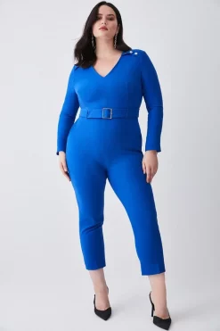Brand new 🤩 Karen Millen Plus Size Compact Stretch Button Detail Slim Leg Jumpsuit - cobalt ✨ -Occasionwear Popular Store womens cobalt plus size compact stretch button detail slim leg jumpsuit