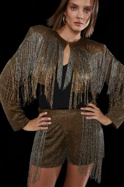 Outlet ⭐ Karen Millen Embelished Fringed Metallic Woven Jacket - copper 😍 -Occasionwear Popular Store womens copper embelished fringed metallic woven jacket