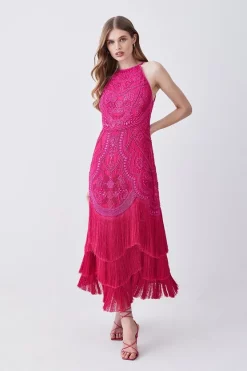 Brand new ⭐ Karen Millen Fringed Beaded Woven Midi 👗 Dress 🎉 -Occasionwear Popular Store womens coral fringed beaded woven midi dress 1