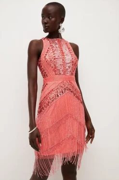 Outlet ๐ Karen Millen Halter Fringed Woven Mini ๐ Dress ๐งจ 11 Outlet ๐ Karen Millen Halter Fringed Woven Mini ๐ Dress ๐งจ -Occasionwear Popular Store womens coral halter fringed woven mini dress