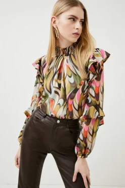 Discount 🧨 Karen Millen Kaleidoscope Print Shirred Woven Blouse - coral 🔔 -Occasionwear Popular Store womens coral kaleidoscope print shirred woven blouse