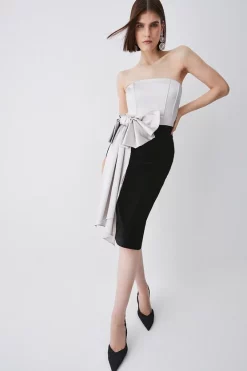 Wholesale 🤩 Karen Millen Italian Structured Satin Bandeau Bow Detail Pencil Midi 👗 Dress 😍 -Occasionwear Popular Store womens coral20pink italian structured satin bandeau bow detail pencil midi dress