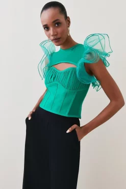 Coupon 😀 Karen Millen Bandage Cut Out Organza Frill Detail Top 👏 -Occasionwear Popular Store womens cream bandage cut out organza frill detail top 1