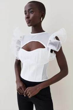 Coupon 😀 Karen Millen Bandage Cut Out Organza Frill Detail Top 👏 -Occasionwear Popular Store womens cream bandage cut out organza frill detail top