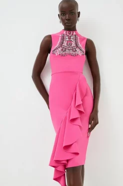 Cheapest 🧨 Karen Millen Embellished Ruffle Figure Form Crepe Midi 👗 Dress 🔔 -Occasionwear Popular Store womens cream embellished ruffle figure form crepe midi dress 1