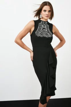 Cheapest 🧨 Karen Millen Embellished Ruffle Figure Form Crepe Midi 👗 Dress 🔔 -Occasionwear Popular Store womens cream embellished ruffle figure form crepe midi dress 2