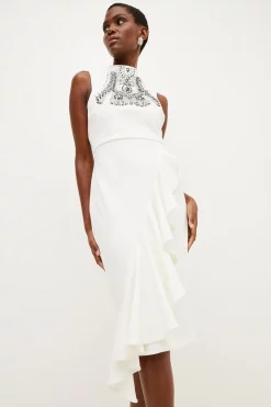 Cheapest 🧨 Karen Millen Embellished Ruffle Figure Form Crepe Midi 👗 Dress 🔔 -Occasionwear Popular Store womens cream embellished ruffle figure form crepe midi dress