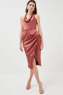 Flash Sale ⭐ Karen Millen Tailored Satin Drape Halter Midi 👗 Dress 👍 -Occasionwear Popular Store womens dusky20pink tailored satin drape halter midi dress