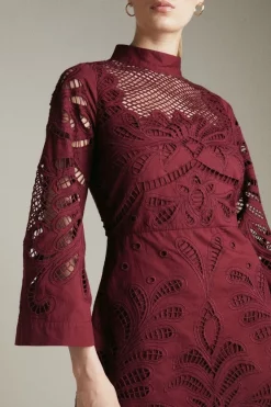 New 🔥 Karen Millen Cutwork Drama Sleeve Woven 👗 Dress - fig 👍 -Occasionwear Popular Store womens fig cutwork drama sleeve woven dress