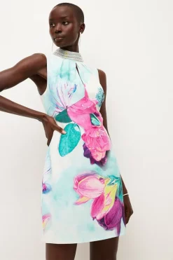 Best deal 🔔 Karen Millen Diamante Trim Floral Woven Mini 👗 Dress ⌛ -Occasionwear Popular Store womens floral diamante trim floral woven mini dress 1