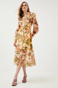 Outlet 🎉 Karen Millen Floral Organdie Woven Belted Midi 👗 Dress ✨ -Occasionwear Popular Store womens floral floral organdie woven belted midi dress