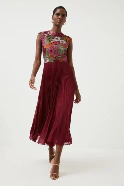 Promo 👍 Karen Millen Guipure Lace & Embroidered Floral Pleat Midi 🌟 -Occasionwear Popular Store womens floral guipure lace embroidered floral pleat midi