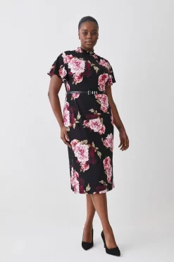 Hot Sale ⌛ Karen Millen Plus Size Belted Viscose Blend Long Sleeve Jersey Midi 👗 Dress 🔥 -Occasionwear Popular Store womens floral plus size belted viscose blend long sleeve jersey midi dress 1