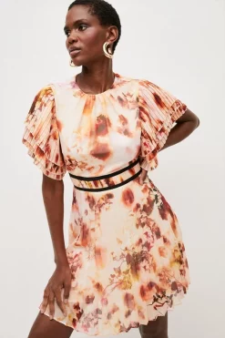 Best deal 🔔 Karen Millen Pressed Floral Cap Sleeve Woven Mini 👗 Dress ❤️ -Occasionwear Popular Store womens floral pressed floral cap sleeve woven mini dress