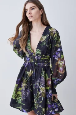 Hot Sale 😀 Karen Millen Silk Cotton Botanica Floral Woven Short 👗 Dress ⌛ -Occasionwear Popular Store womens floral silk cotton botanica floral woven short dress