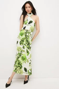 Wholesale 😉 Karen Millen Spring Green Botanical Bunches Woven Halter Midi Column 👗 Dress - floral 🎉 -Occasionwear Popular Store womens floral spring green botanical bunches woven halter midi column dress