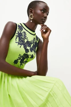 Buy 💯 Karen Millen Applique Embroidered Lace Pleat Knit Midi 👗 Dress ✨ -Occasionwear Popular Store womens fuchsia applique embroidered lace pleat knit midi dress 1