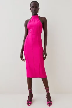 Cheapest 😀 Karen Millen Bandage Knit Halter Neck Figure Form 👗 Dress ✨ -Occasionwear Popular Store womens fuchsia bandage knit halter neck figure form dress 1