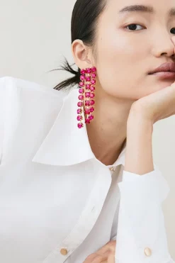 Flash Sale 🤩 Karen Millen Gold Plated Diamante Hanging Earrings - fuchsia 🔥 -Occasionwear Popular Store womens fuchsia gold plated diamante hanging earrings
