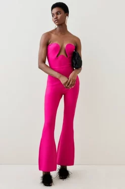 Best deal ⌛ Karen Millen Knitted Bandage Corset Detail Jumpsuit 😉 -Occasionwear Popular Store womens fuchsia knitted bandage corset detail jumpsuit
