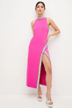 Best Pirce 🎉 Karen Millen Petite Crystal Embellished Woven Split Maxi 🔔 -Occasionwear Popular Store womens fuchsia petite crystal embellished woven split maxi