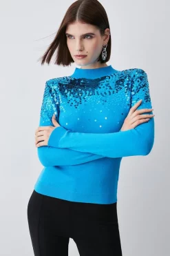 Best reviews of 😍 Karen Millen Sequinned Knit Funnel Neck Jumper 🎁 -Occasionwear Popular Store womens fuchsia sequinned knit funnel neck jumper 1
