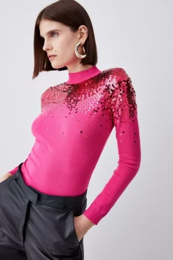 Best reviews of 😍 Karen Millen Sequinned Knit Funnel Neck Jumper 🎁 -Occasionwear Popular Store womens fuchsia sequinned knit funnel neck jumper