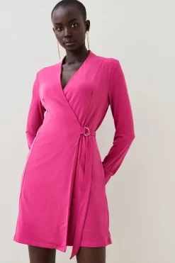 Best Pirce 🤩 Karen Millen Slinky Buckle Detail Wrap Jersey Mini 👗 Dress ✔️ -Occasionwear Popular Store womens fuchsia slinky buckle detail wrap jersey mini dress