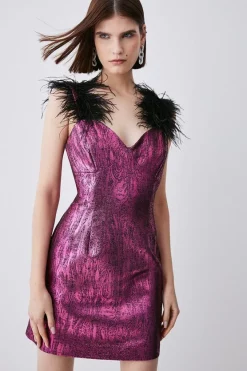 Deals ❤️ Karen Millen Feather Strap Jacquard Mini 👗 Dress 🤩 -Occasionwear Popular Store womens gold feather strap jacquard mini dress
