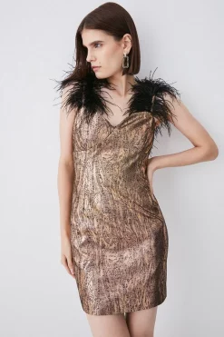 Deals ❤️ Karen Millen Feather Strap Jacquard Mini 👗 Dress 🤩 -Occasionwear Popular Store womens gold feather strap jacquard mini dress 1 1