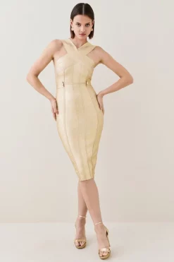 Hot Sale 😍 Karen Millen Foiled Bandage Knit Midi 👗 Dress 🥰 -Occasionwear Popular Store womens gold foiled bandage knit midi dress