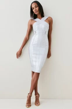 Hot Sale 😍 Karen Millen Foiled Bandage Knit Midi 👗 Dress 🥰 -Occasionwear Popular Store womens gold foiled bandage knit midi dress 1 1