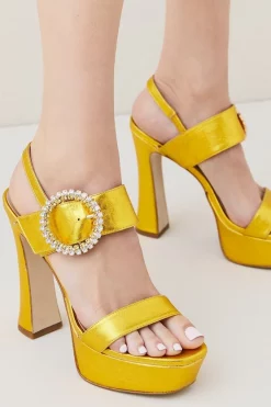 Outlet 🌟 Karen Millen Leather Metallic Diamante Buckle Platform 🎁 -Occasionwear Popular Store womens gold leather metallic diamante buckle platform 1