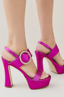 Outlet 🌟 Karen Millen Leather Metallic Diamante Buckle Platform 🎁 -Occasionwear Popular Store womens gold leather metallic diamante buckle platform