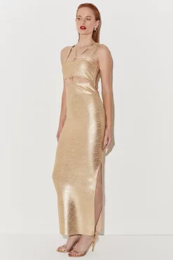 Promo 😉 Karen Millen Metallic Bandage Maxi 👗 Dress - gold 🌟 -Occasionwear Popular Store womens gold metallic bandage maxi dress