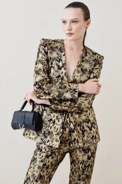 Cheapest 🔥 Karen Millen Metallic Snake Print Collarless Tailored Single Breasted Jacket - gold ⭐ -Occasionwear Popular Store womens gold metallic snake print collarless tailored single breasted jacket
